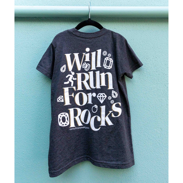 “Will run for rocks” gemstones logo tee KIDS