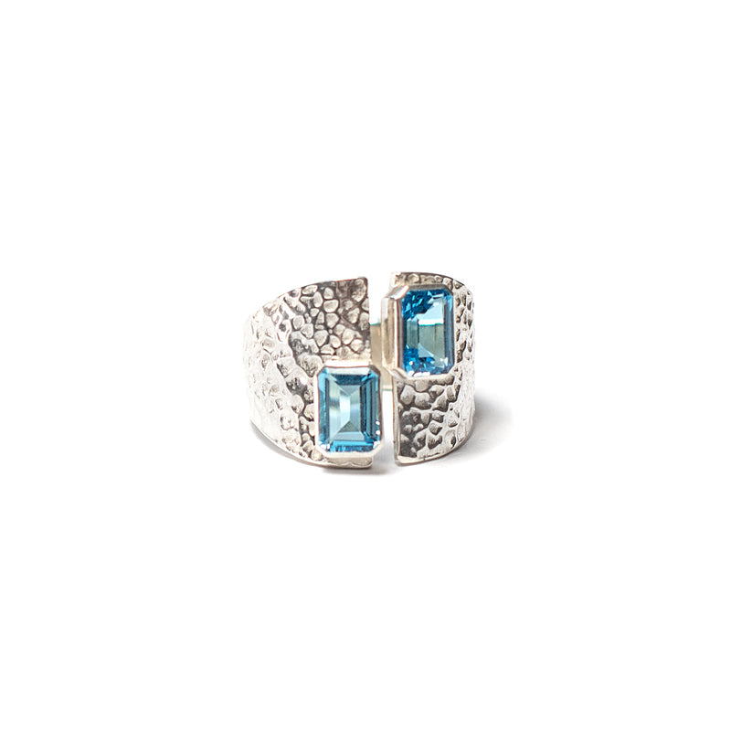 sterling two stone emerald cut blue topaz ring